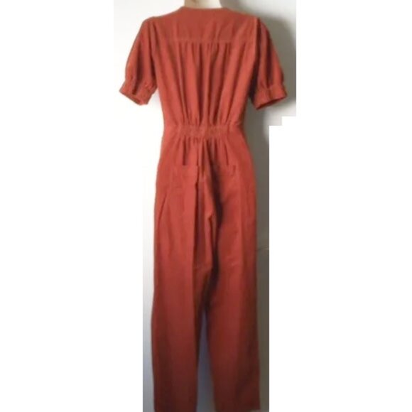 NWT Madewell Cotton Corduroy Puff Sleeve Button Front Jumpsuit 00 Burnt Orange - Picture 3 of 12